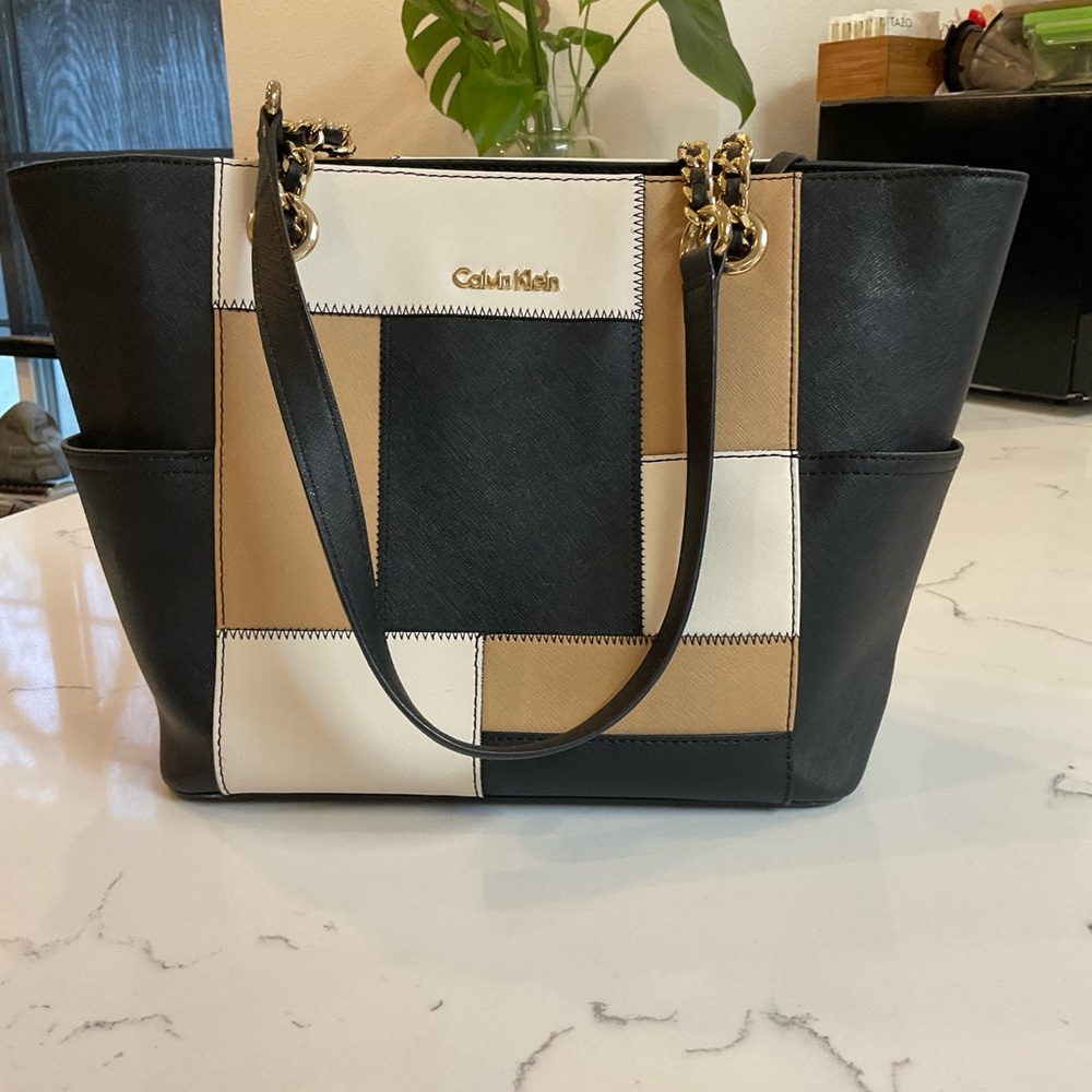Calvin Klein Colorblock Patchwork Tote — Black, Cream & Tan